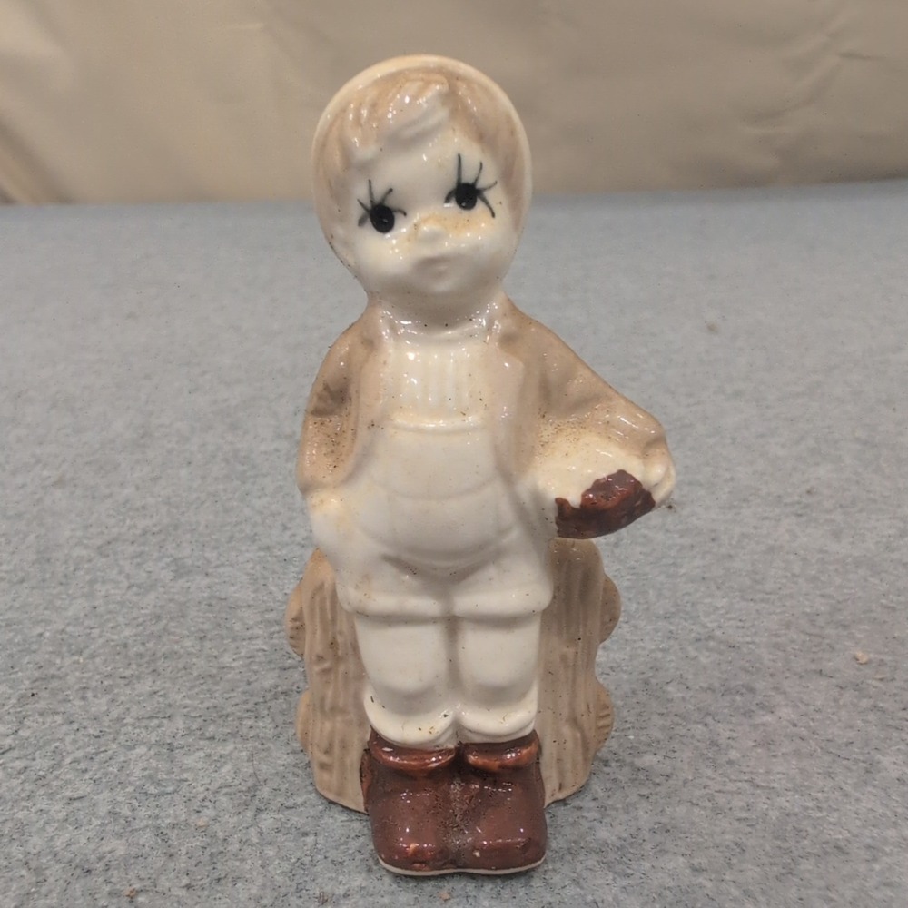 Vintage Ceramic Boy Figurine Tan Cream Overalls Fence Rustic Decor - Picture 1 of 3